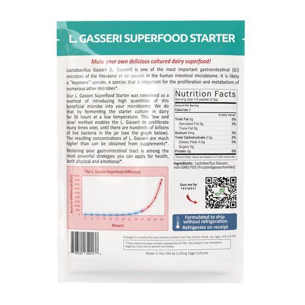 Dos du sachet L. Gasseri Superfood Starter avec valeurs nutritionnelles et ingrédients